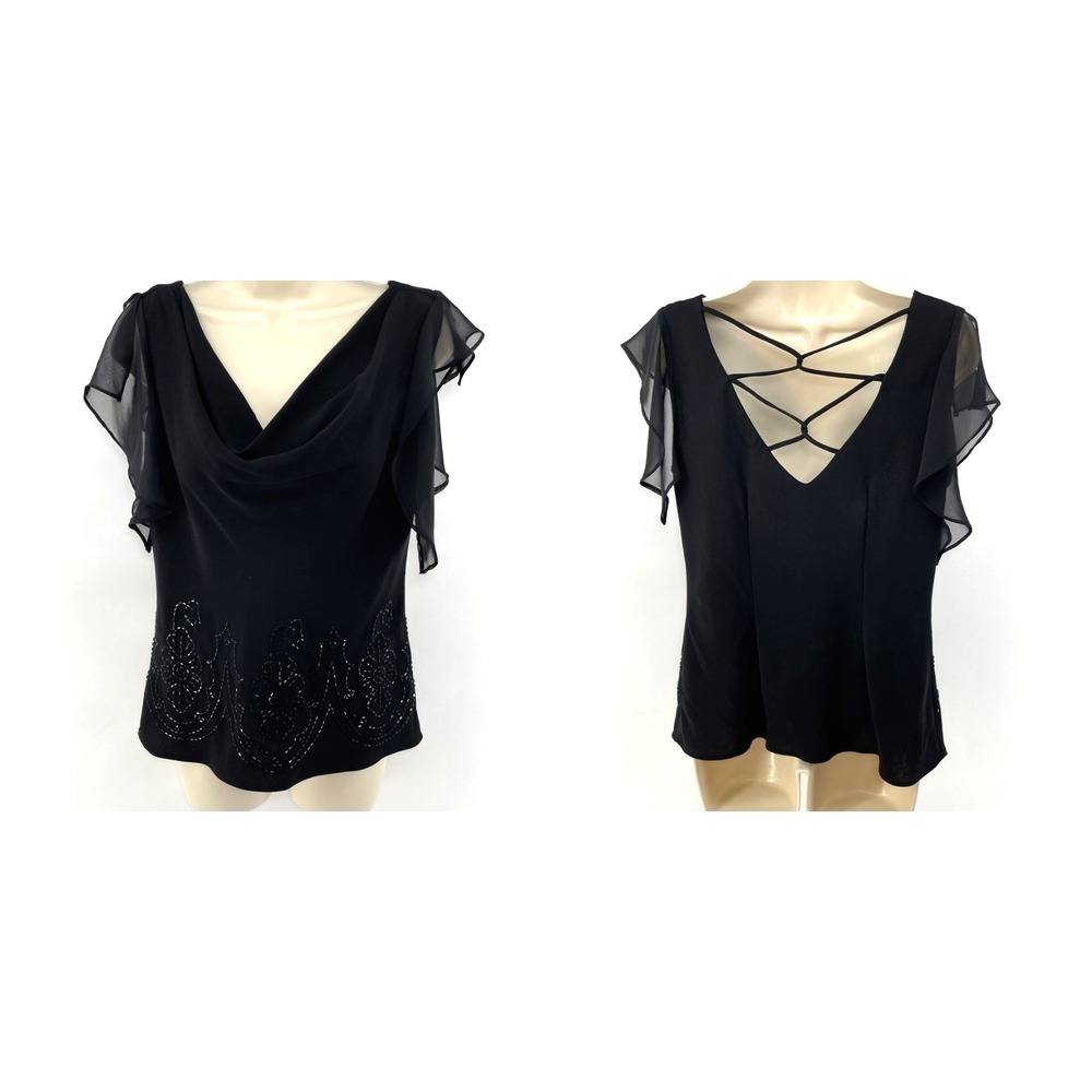 Vtg Top 8/M Black Beaded Chiffon Flutter Sleeve Lace‎ Up Fairy Grunge Whimsigoth